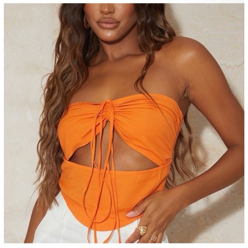 Prettylittlething NWT Orange Linen Feel Cut Out Crop Top